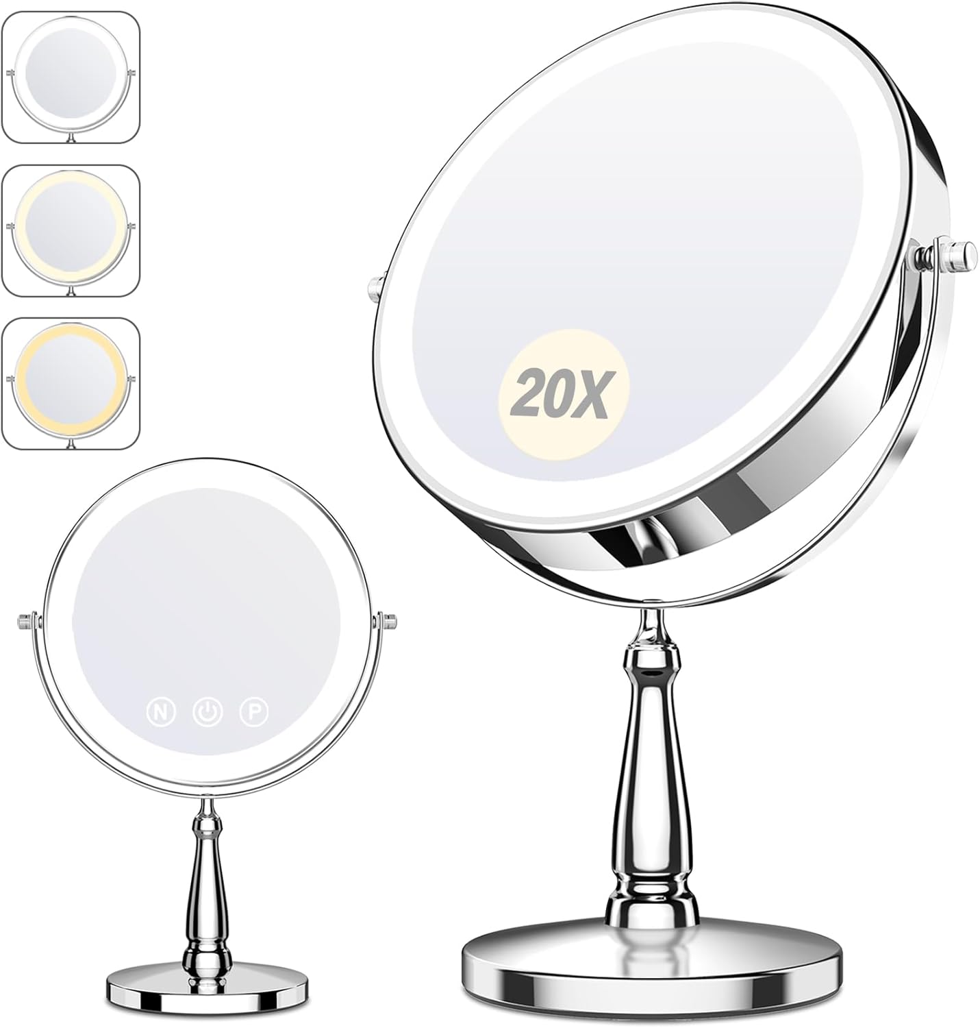 Makeup Mirror with Lights. 20X Magnifying Mirror with Light for Women. 5000 mAh Vanity Mirror with Lights and 3 Colors. 2-Sided Lighted Magnified Mirrors for Delicate Makeup. 9 Inch