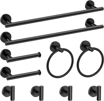 10-Pieces Bathroom Hardware Set. Includes 24 Inch Towel Racks for Bathroom Wall Mounted. Toilet Paper Holder. Towel Hooks for Bathrooms. Towel Rings for Bathroom Wall (Matte Black)