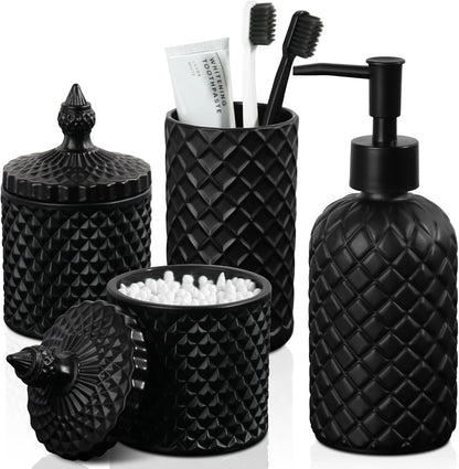 Bathroom Accessories Set. 4 Pack Clear Glass Bath Accessory Sets Complete. Diamond Soap Dispenser and Toothbrush Holder Set for Bathroom Counter Organizer Essentials. Modern Bathroom Decor